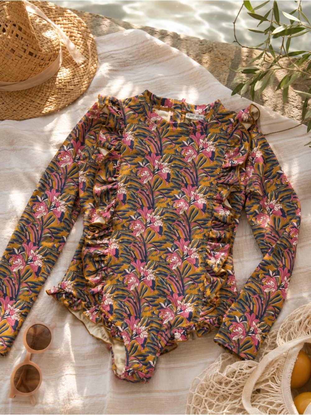 Louisa Misha Aurelie Honey Flower Long Sleeve Ruffle Swimsuit 10 Girls UPF Paris